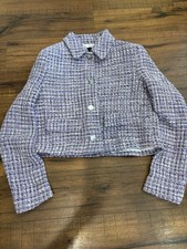 Zara Fitted Cropped Tweed Blazer Jacket Purple Silver Textured Small NWT