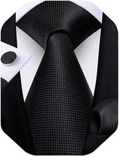 Mens Solid Color Tie and Pocket Square Set Woven Silk Plain Solid Black