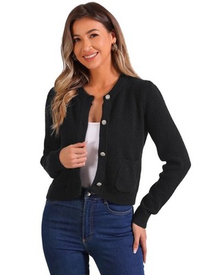Allegra K Button Down Strickjacke mit Taschen Rundhals Strickpullover schwarz S
