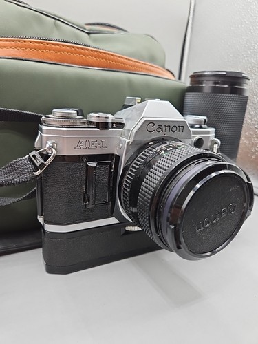Vintage Canon AE-1 35mm SLR Film Camera w/ 28mm lens + 80-200mm Soligor And More - Picture 2 of 19