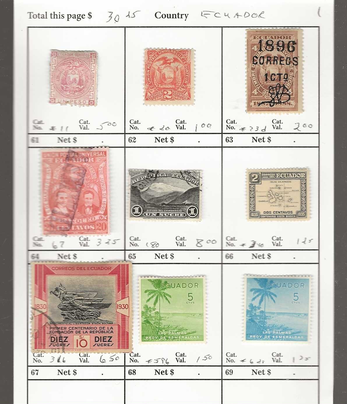 ECUADOR...Sc #11/366 & 596/621...M & U...1872/1957...9 Diff...SCV $30.25