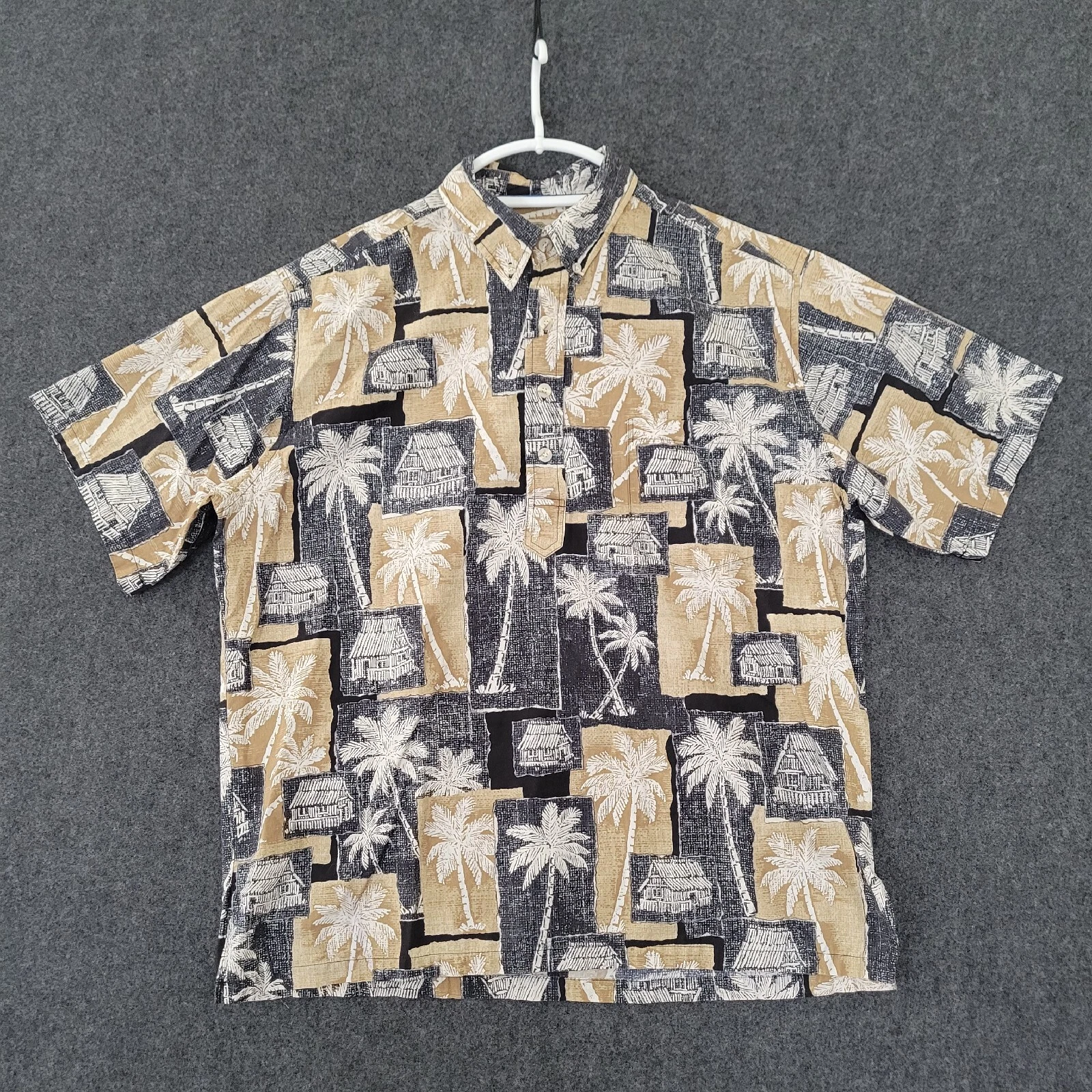 Hilo Hattie Shirt Mens Large Brown Black Button Down Geometric Pullover Hut Palm