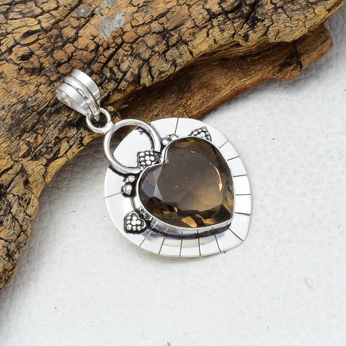 Bonito Ahumado Piedra Topacio 925 Plata de Ley Hecho a Mano Colgante 5.3cm