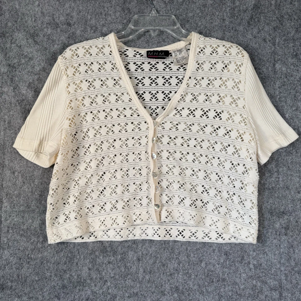 Cárdigan recortado de ganchillo abierto vintage Y2K para mujer 12 festivales hadas top marfil