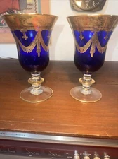 2 Arte Itálica Medici Cobalt Blue & Gold Gilded Crystal Goblets 24K Gold