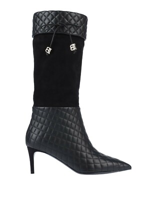 $2000 BALMAIN Pointed Toe Quilted Leather Calf Boot BLACK GOLD LOGO 36 (JB26)