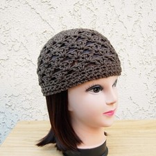 Women's Men's Solid Brown Cotton Crochet Knit Hat Summer Beanie Chemo Skull Cap