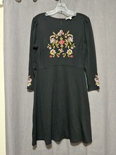 Ann Taylor LOFT Floral Embroidered Black Fit and Flare Dress Size 4 Long Sleeve