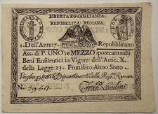 1,5 PAOLI ASSEGNATO ROMA BANCONOTA  1798 REPUBBLICA ROMANA TIMBRO OVALE