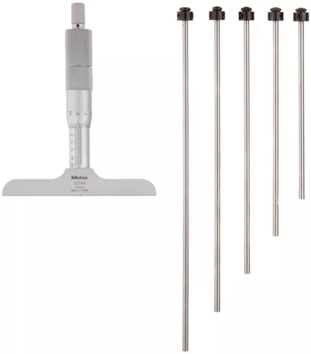 Mitutoyo 129-116 Vernier Depth Gauge, Interchangeable Rods, Micrometer Type, 0-1