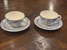 GIEN France Blue Flowers & Birds OISEAU BLEU Cup And Saucer-Set Of 2