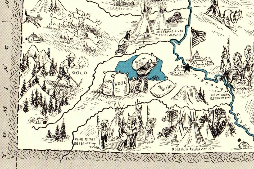 Mapa de imagen animado antiguo de Dakota del Sur de la década de 1930 de Dakota del Sur BLU 9570 Foto 2 de 4