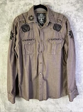 Roar Mens Large Soldier Shirt Button Down Zip Embroidered Patches Military