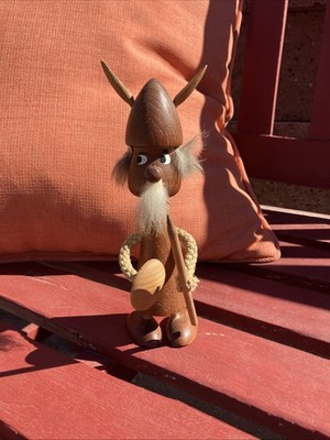 VTG Mid Century Hand Carved Danish Wood Viking Figurine 7.5  Swivel Head