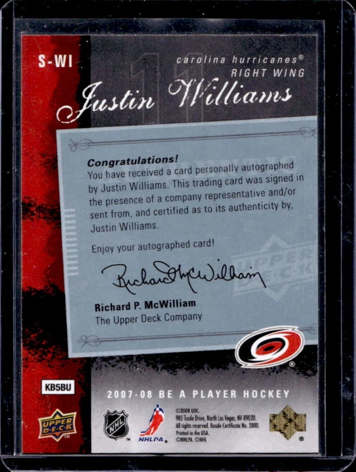 2007-08 Upper Deck Be a Player Justin Williams Signatures Auto #S-WI Hurricanes - Image 2 of 2