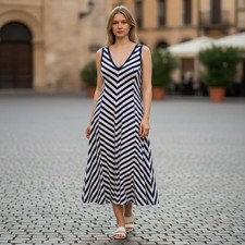 Jones New York Signature Navy White Chevron Stripe Cotton Midi Dress 6