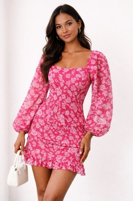 Sim & Sam Red Pink Floral Chiffon Mini Dress Balloon Sleeve Ruffle Women M