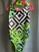 GK Elite Leotard Green Tropical Black Geometric CL Child Large Used