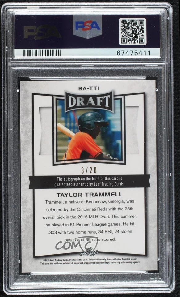 2016 Leaf Metal Draft Purple Prismatic /20 Taylor Trammell PSA 9 MINT Auto - Image 2 of 2