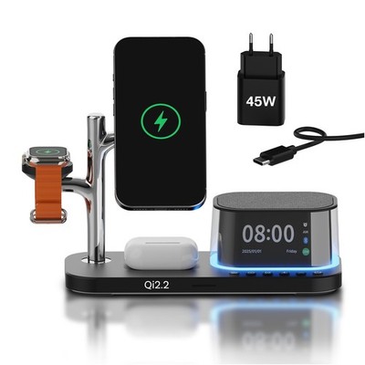 Kabellose Ladestation 5-in-1 mit Wecker, Bluetooth-Lautsprecher & LED-Nachtlicht
