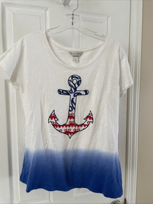 Christopher & Banks Sz M Short Sleeve top Gorgeous Red White Blue Anchor Top