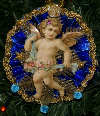 Blau Viktorianisch Romantisch Ornament Sammlerstück Handarbeit Weihnachtsdeko