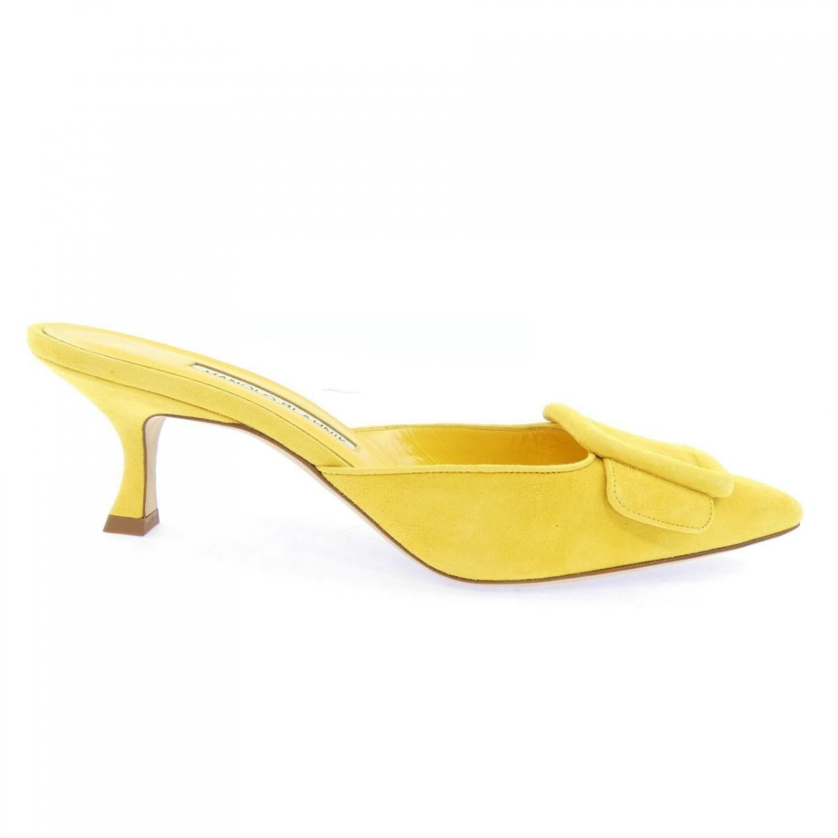 Manolo Blahnik Buckle Mules Pumps Yellow Suede Kitten Heel Women's 38 US8