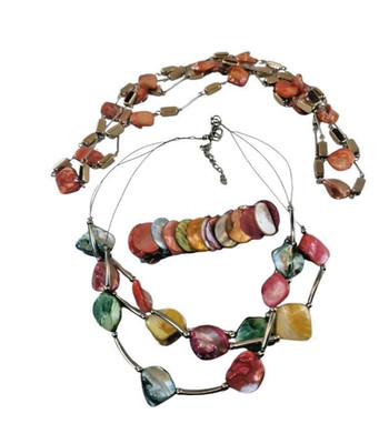Schmuck Set Perlmutt Bunt Collier Armband Mother of Shell Retro vintage hippie