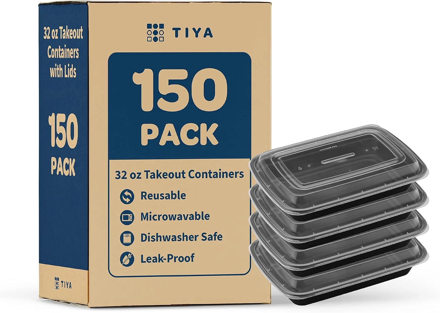 TIYA 32 Oz Food Containers - 150 Pack, Leak-Proof, BPA-Free, Reusable