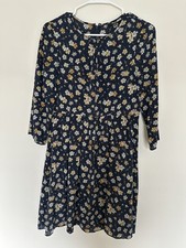 EUC Madewell Silk Floral Dress 2 XS Navy Blue 3/4 Sleeves Day Party