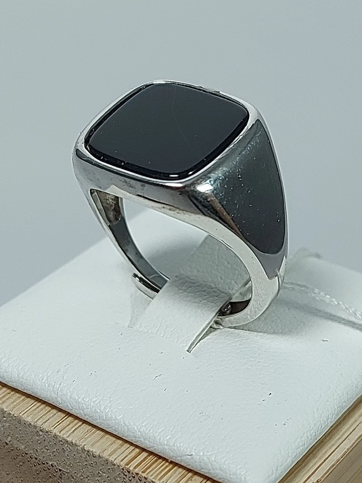 Anello Argento925 Donna Uomo Pietra Onice Quadrato Nero Lucido Sigillo Chevalier - Immagine 2 di 4