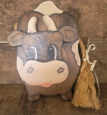 Vintage Wooden Cow Wall Hanging with Rope Tail  Hand Painted Farmhouse Decor EUC