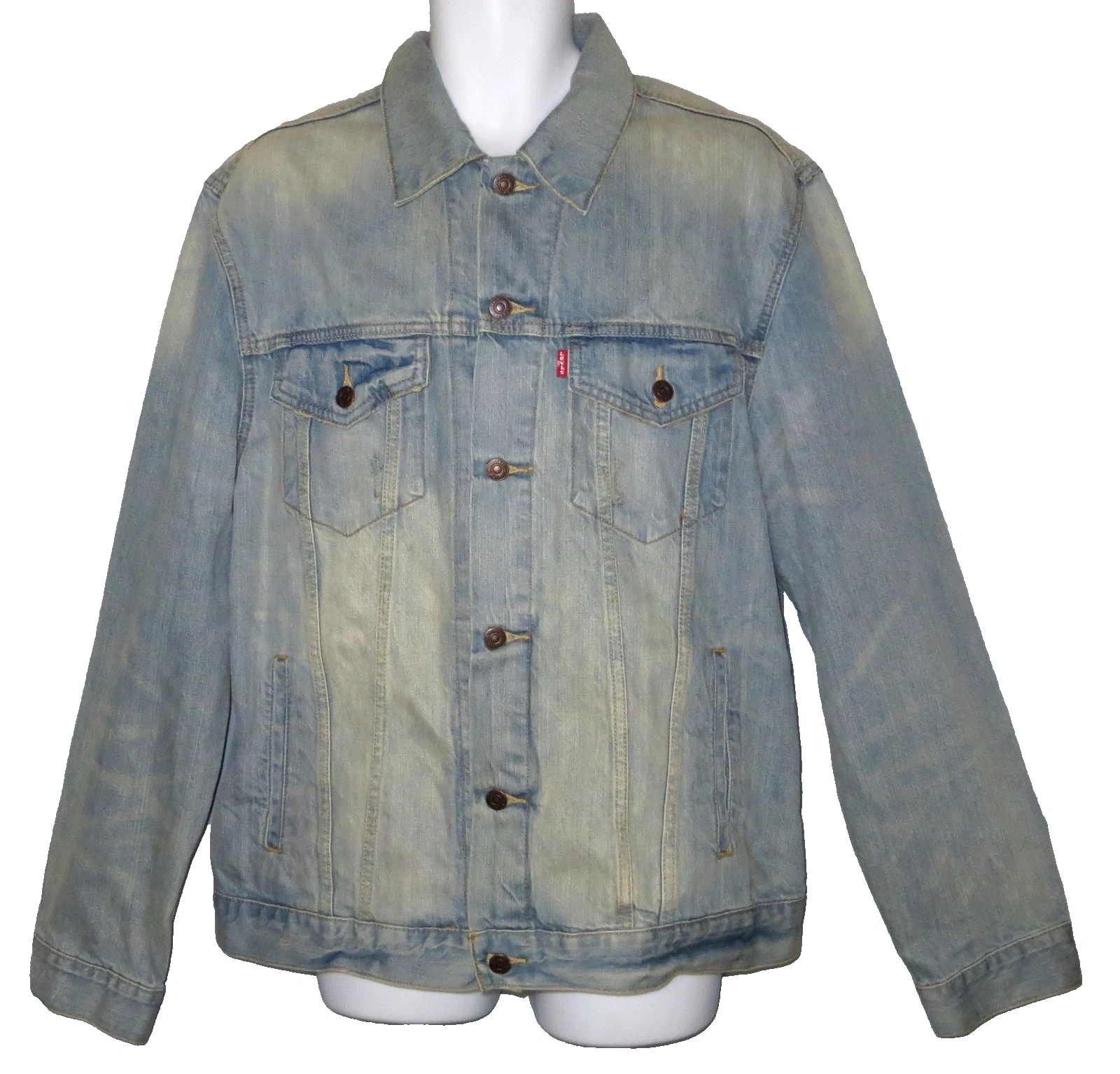 Mens Levis Strauss Blue Denim Trucker Jacket Size XL Distressed