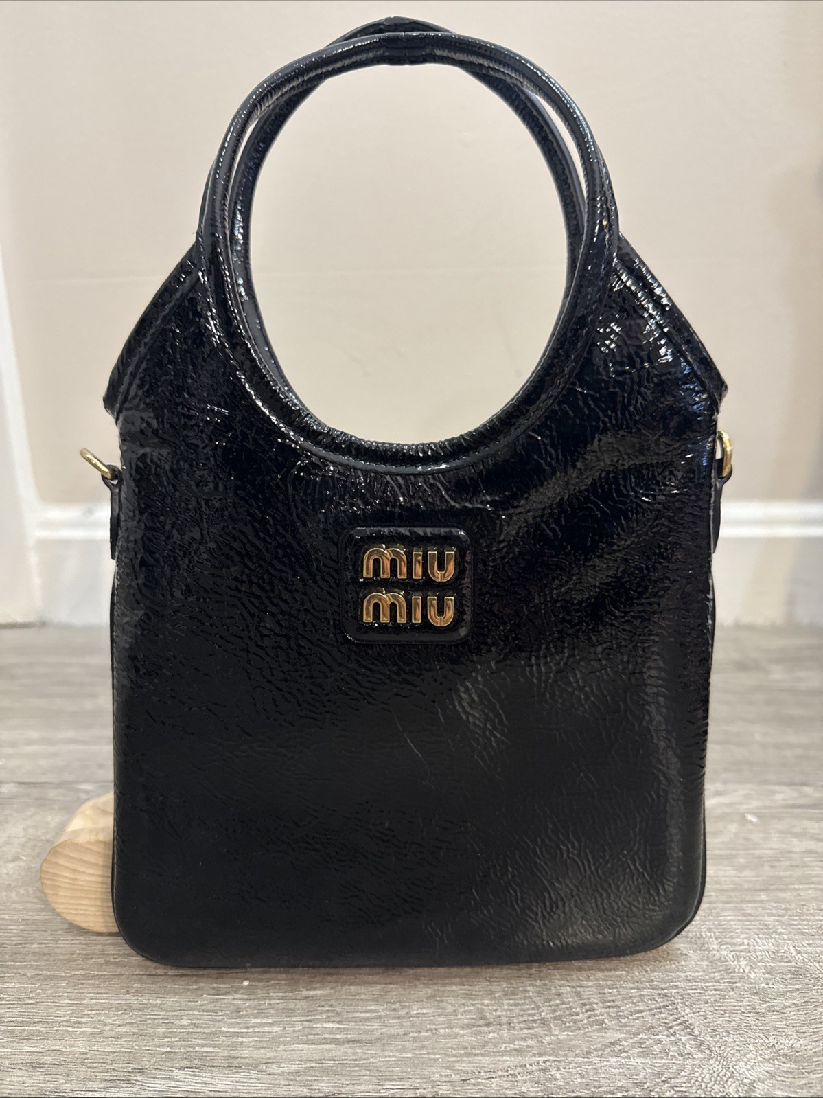 Miu Miu Black Patent Leather  Tote Handbag Italy  Gold Logo Limited Edition