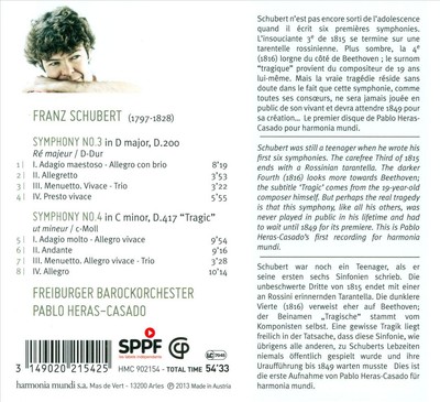 SCHUBERT: SYMPHONIES NOS. 3 & 4 NEW CD