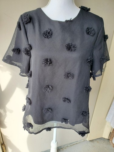 Polagram Blouse Womens Small Black Lacey Floral Puffs Elegant Formal Party Fun