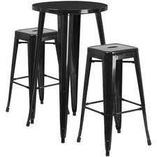 24'' Round Black Metal Indoor-Outdoor Restaurant Bar Table Set w/2 Barstools