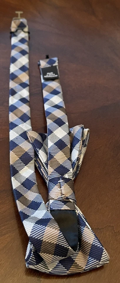 Blue Tan 100% Polyester Plaid Men’s Bow Tie Made In China - Image 2 of 4