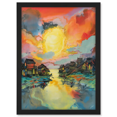 Stimmungsvolle Wolken über Mono See Fischerdorf gerahmtes Kunstbild Druck A3