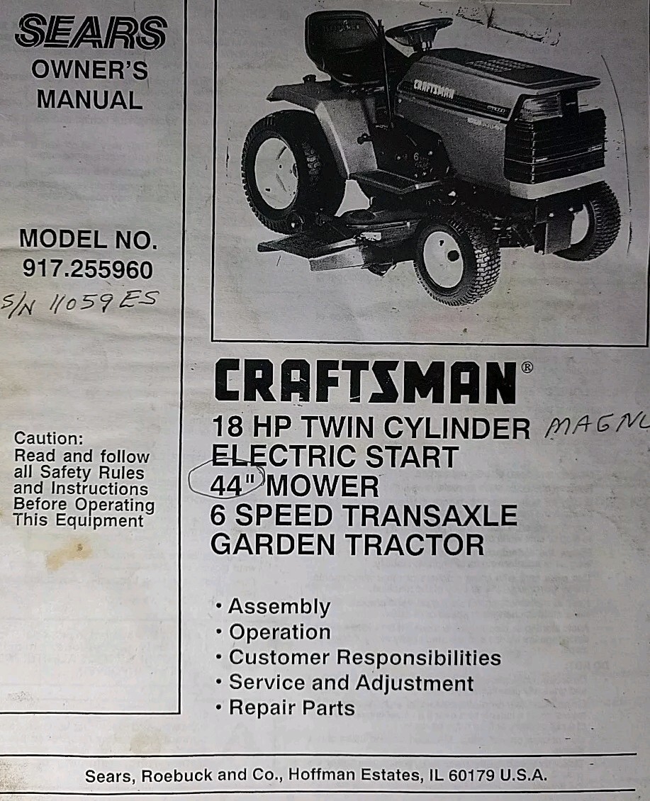 Sears Craftsman 18 M18 6sp 44 Garden Tractor Owner Parts  Manual