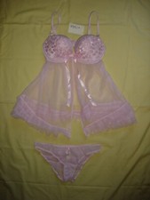 NWT Victoria's Secret Lingerie Chemise Slip Babydoll Panties Mesh Pink Set 36C M