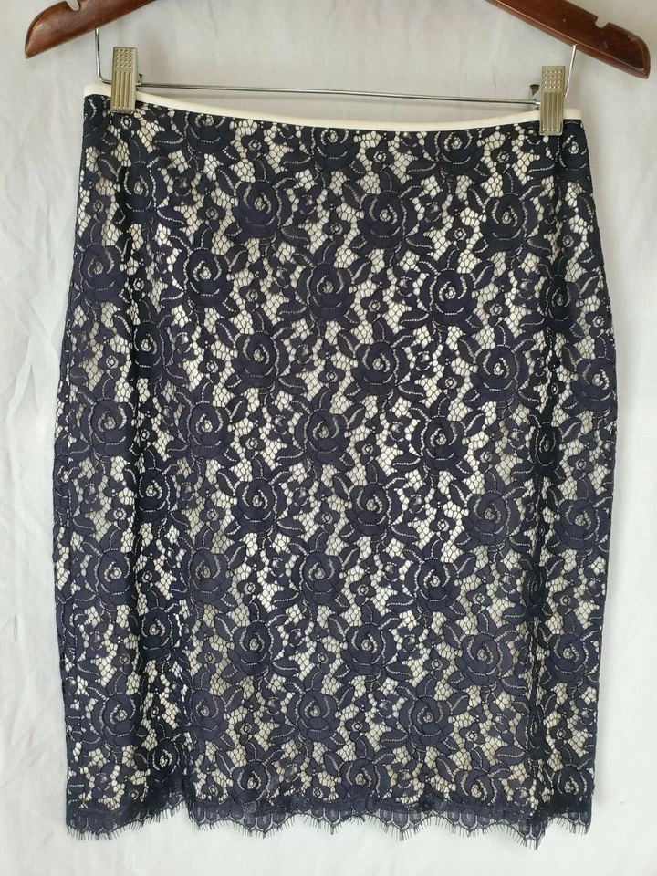 Diane Von Furstenberg Scotia Pencil Skirt Sz 6 Black Ivory Lace Knee Length VEUC