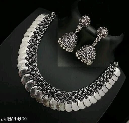 Indian Oxidised Silver Traditional Choker Necklace Set Earrings