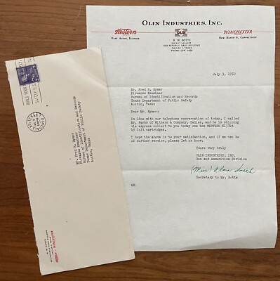 Western Winchester Olin Industries 1950 Letter To Texas DPS Firearms 
