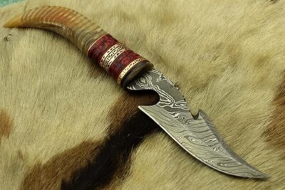 Custom Hnadmade Damascus Steel Gut Hook Skinning #Knife with Leather Sheath #USA