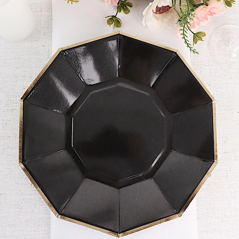 25 pcs 9 in Decagon Disposable Paper Dinner Plates Gold Trim Events Tableware - Image 3 of 4