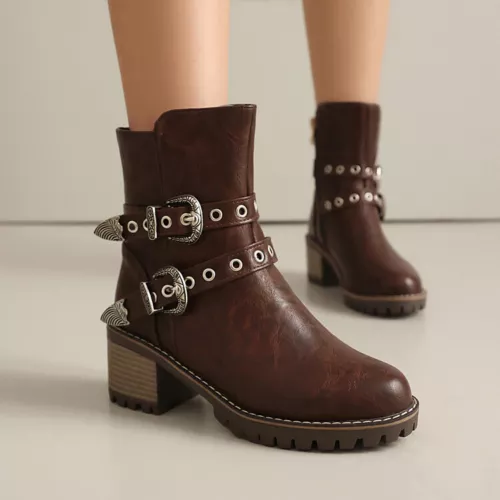 Women Booties Mid Chunky Heel Round Toe Zip Up Casual Buckle Fashion Ankle Boots - Bild 18 von 29