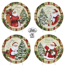 Certified Intl HOLIDAY WISHES 6.5" Canape Plate Set 4 Santa Plaid Susan Winget
