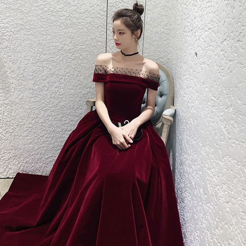 Women Long Burgundy Dress Wedding Prom Party Gown Off Shoulder Lace Up Elegant - Picture 4 of 10