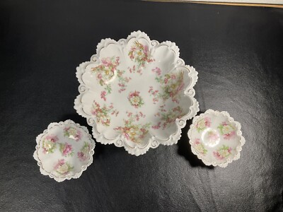 Vintage 10.5” MZ Austria Flower Roses Scalloped Serving Bowl & 2